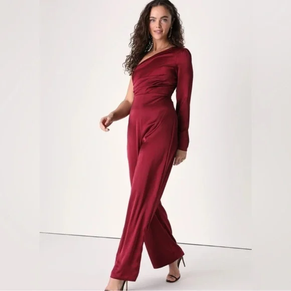 Lulu’s Wine Red Burgundy Satin One-Shoulder Jumpsuit size XL - Picture 2 of 14